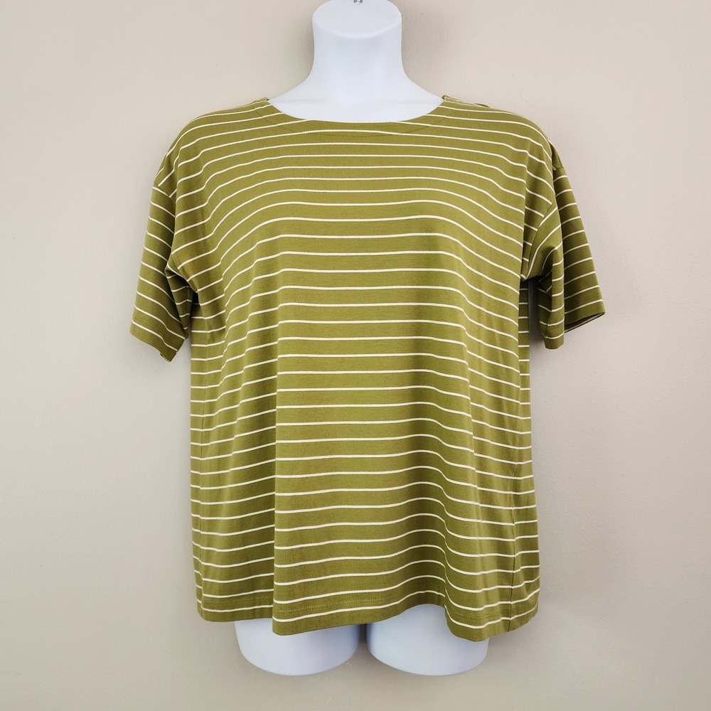 J. JILL Luxe Supima Elbow Sleeve Tee Size Large Olive Striped Scoop Neck Top